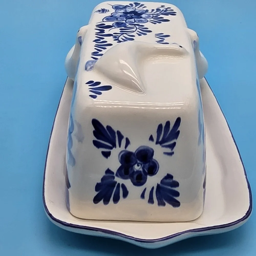 Hand Painted Delfts Blue Butter Dish Ducks Windmill Floral